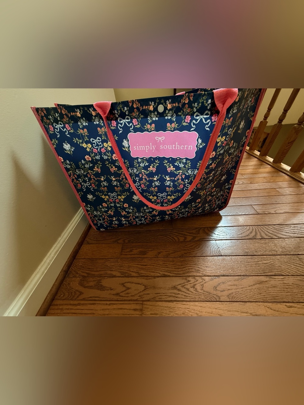 Simply Southern Eco Tote Storage Bag- navy  background w/ floral w/ pink handles